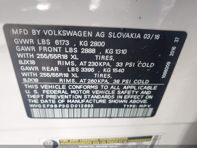 2016 Volkswagen Touareg Vr6 Sport მანქანა იყიდება აუქციონზე, vin: WVGEF9BP3GD012693, აუქციონის ნომერი: 45447408