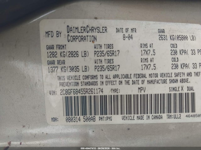 2005 Chrysler Pacifica Touring მანქანა იყიდება აუქციონზე, vin: 2C8GF68455R261174, აუქციონის ნომერი: 45447415