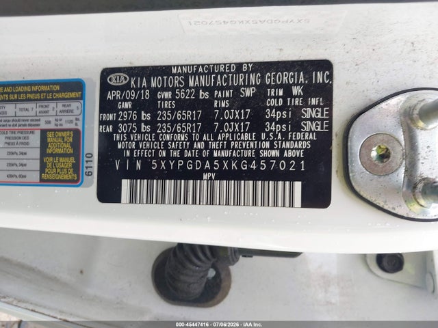 2019 Kia Sorento 3.3l Lx მანქანა იყიდება აუქციონზე, vin: 5XYPGDA5XKG457021, აუქციონის ნომერი: 45447416