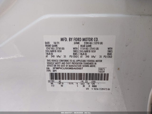 Продаж на аукціоні авто 2021 Ford Edge Sel, vin: 2FMPK3J9XMBA65607, номер лоту: 45447471