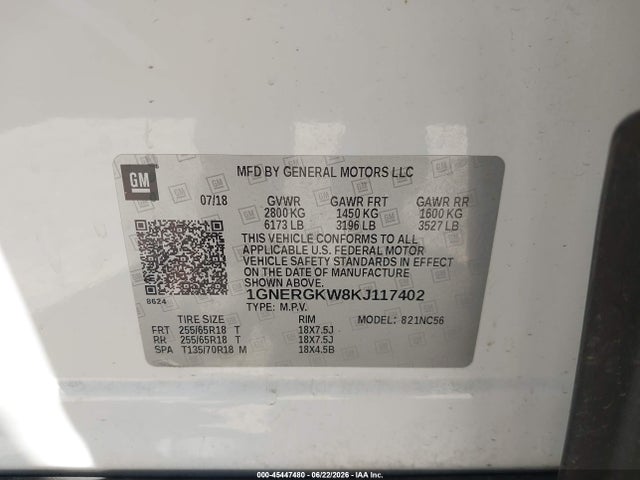 1GNERGKW8KJ117402 Chevrolet Traverse 1lt