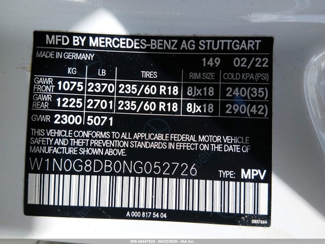 Продажа на аукционе авто 2022 Mercedes-benz Glc 300 Suv, vin: W1N0G8DB0NG052726, номер лота: 45447524