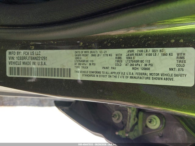1C6SRFJT6NN221291 RAM 1500 Laramie 4x4 5&#039;7 Box