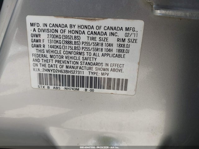 45447558 :رقم المزاد ، 2HNYD2H63BH527311 vin ، 2011 Acura Mdx Technology Package مزاد بيع
