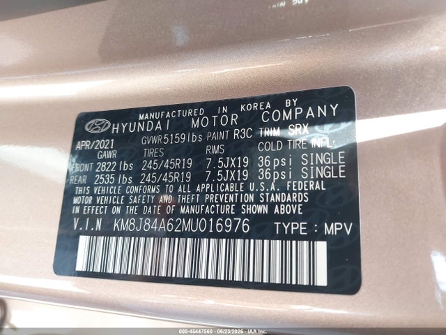 Aukcja sprzedaży 2021 Hyundai Nexo Limited, vin: KM8J84A62MU016976, numer aukcji: 45447560
