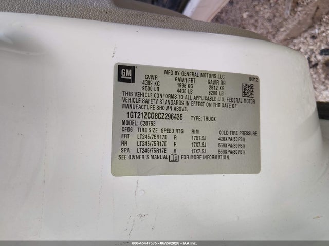 45447585 :رقم المزاد ، 1GT21ZCG8CZ296436 vin ، 2012 Gmc Sierra 2500hd Work Truck مزاد بيع