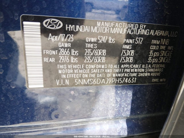Продажа на аукционе авто 2023 Hyundai Santa Fe Xrt, vin: 5NMS6DAJ9PH574631, номер лота: 45447599