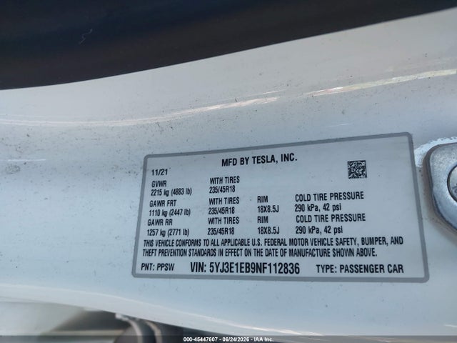 2022 Tesla Model 3 Long Range Dual Motor All-wheel Drive მანქანა იყიდება აუქციონზე, vin: 5YJ3E1EB9NF112836, აუქციონის ნომერი: 45447607