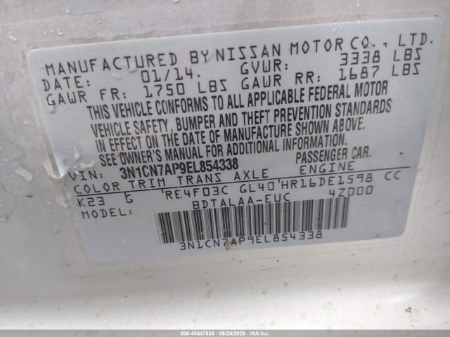 Продаж на аукціоні авто 2014 Nissan Versa 1.6 S, vin: 3N1CN7AP9EL854338, номер лоту: 45447639