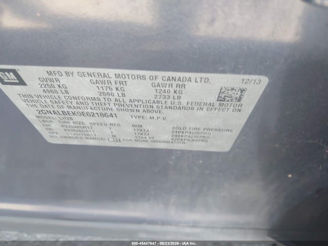 Продажа на аукционе авто 2014 Chevrolet Equinox Lt, vin: 2GNALBEK9E6218641, номер лота: 45447647