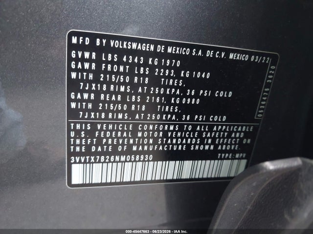 2022 Volkswagen Taos 1.5t Se მანქანა იყიდება აუქციონზე, vin: 3VVTX7B26NM058930, აუქციონის ნომერი: 45447663