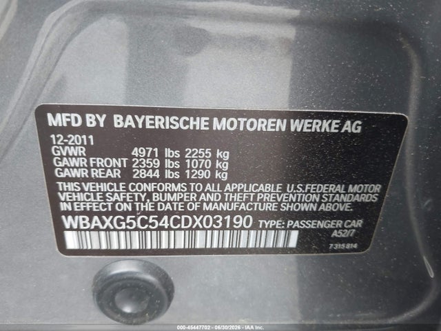 Продаж на аукціоні авто 2012 Bmw 528i, vin: WBAXG5C54CDX03190, номер лоту: 45447702
