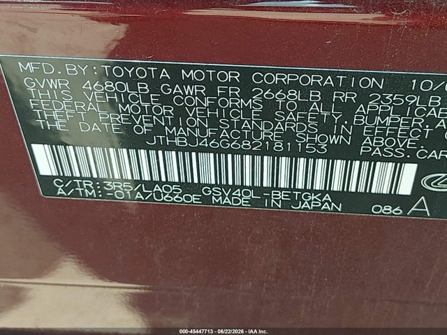 Aukcja sprzedaży 2008 Lexus Es 350, vin: JTHBJ46G682181153, numer aukcji: 45447713