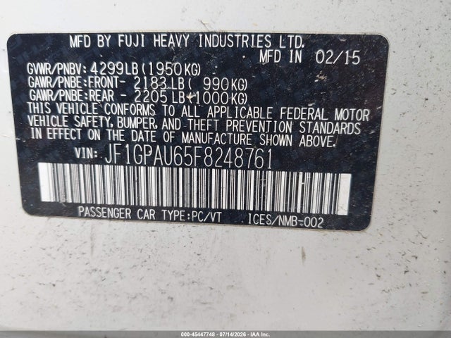 45447748 :رقم المزاد ، JF1GPAU65F8248761 vin ، 2015 Subaru Impreza 2.0i Sport Premium مزاد بيع
