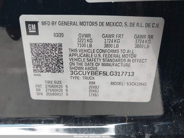 Auction sale of the 2020 Chevrolet Silverado 1500 4wd  Short Bed Custom, vin: 3GCUYBEF5LG317713, lot number: 45447749