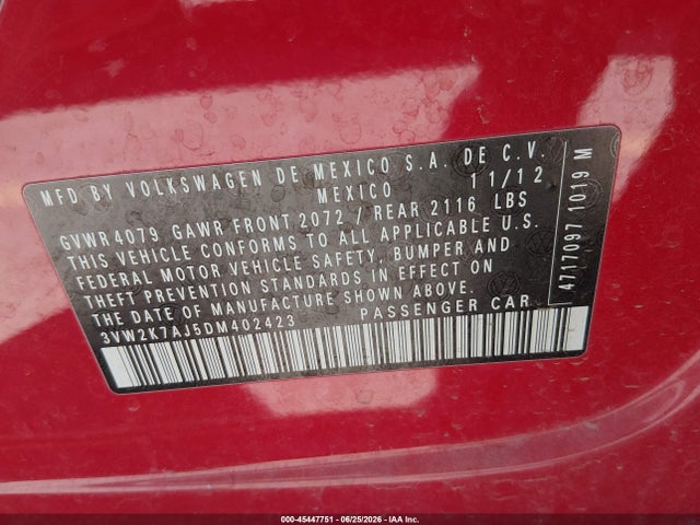 Продаж на аукціоні авто 2013 Volkswagen Jetta 2.0l S, vin: 3VW2K7AJ5DM402423, номер лоту: 45447751