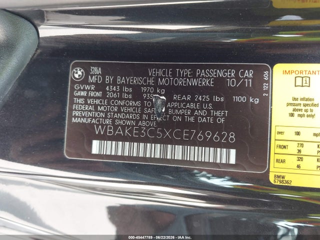 45447789 :رقم المزاد ، WBAKE3C5XCE769628 vin ، 2012 Bmw 328i مزاد بيع