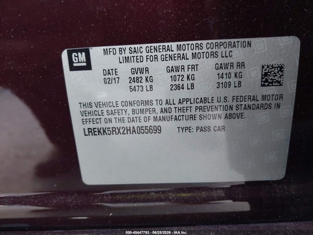 45447793 :رقم المزاد ، LREKK5RX2HA055699 vin ، 2017 Cadillac Ct6 Plug-in Standard مزاد بيع