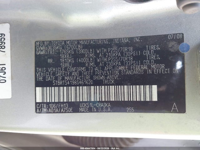 Auction sale of the 2008 Toyota Tundra Base 4.7l V8, vin: 5TBRT54198S461620, lot number: 45447804