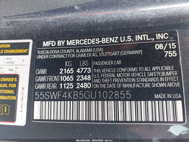 Auction sale of the 2016 Mercedes-benz C 300 4matic, vin: 55SWF4KB5GU102855, lot number: 45447852