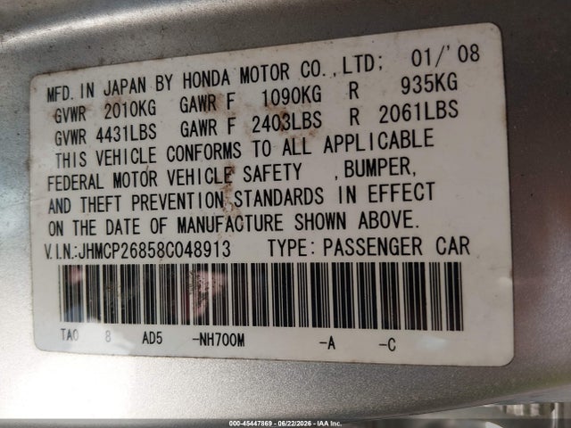 45447869 :رقم المزاد ، JHMCP26858C048913 vin ، 2008 Honda Accord 2.4 Ex-l مزاد بيع