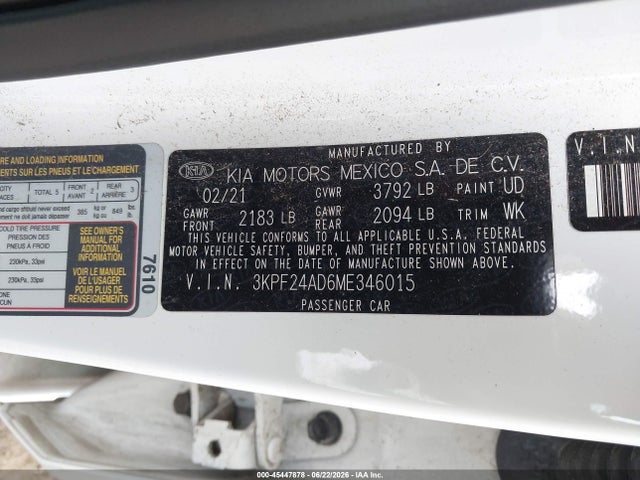 3KPF24AD6ME346015 KIA Forte Lxs