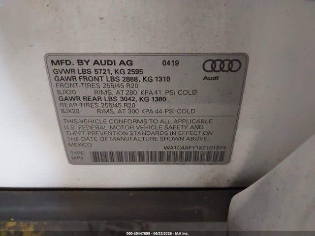 Aukcja sprzedaży 2019 Audi Sq5 3.0t Premium, vin: WA1C4AFY1K2101974, numer aukcji: 45447899