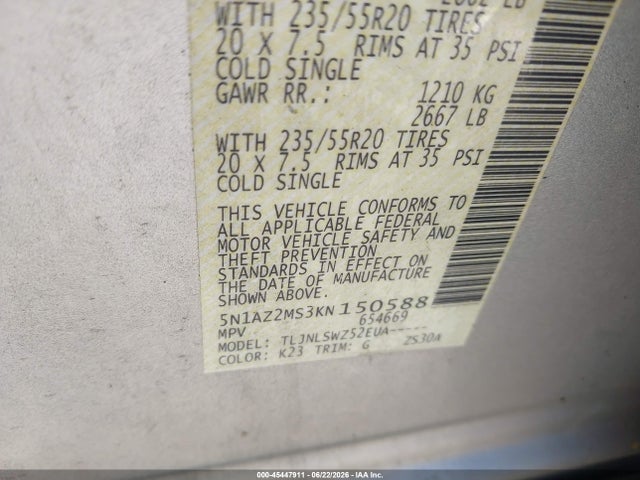 Aukcja sprzedaży 2019 Nissan Murano Platinum, vin: 5N1AZ2MS3KN150588, numer aukcji: 45447911