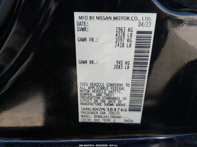 Продажа на аукционе авто 2023 Nissan Altima Sv Fwd, vin: 1N4BL4DV2PN384766, номер лота: 45447914