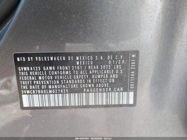 45447931 :رقم المزاد ، 3VWCB7BUXLM027625 vin ، 2020 Volkswagen Jetta 1.4t R-line/1.4t S/1.4t Se مزاد بيع