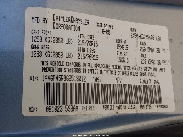 45447964 :رقم المزاد ، 1A4GP45R96B518012 vin ، 2006 Chrysler Town & Country مزاد بيع