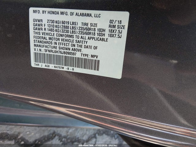 Honda Odyssey Ex-l 2018 5FNRL6H76JB090597 Image 9