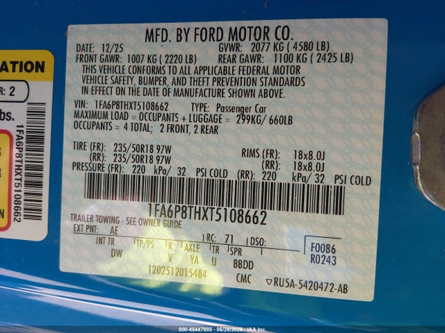 Aukcja sprzedaży 2026 Ford Mustang Ecoboost Fastback, vin: 1FA6P8THXT5108662, numer aukcji: 45447985