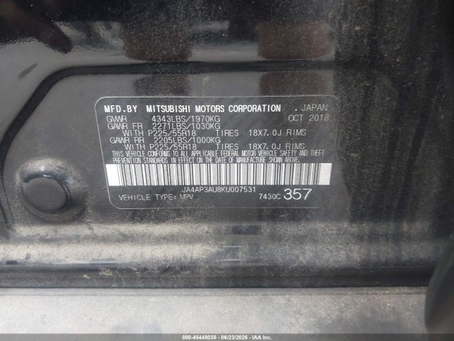 Продаж на аукціоні авто 2019 Mitsubishi Outlander Sport 2.0 Es, vin: JA4AP3AU8KU007531, номер лоту: 45448038