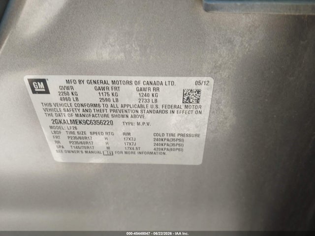 Aukcja sprzedaży 2012 Gmc Terrain Sle-1, vin: 2GKALMEK9C6356220, numer aukcji: 45448047