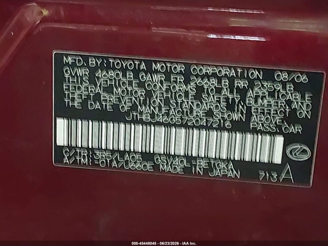 2007 Lexus Es 350 მანქანა იყიდება აუქციონზე, vin: JTHBJ46G572047216, აუქციონის ნომერი: 45448048