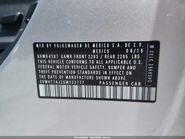 2016 Volkswagen Jetta 2.0t Gli Sel მანქანა იყიდება აუქციონზე, vin: 3VW4T7AJ2GM233777, აუქციონის ნომერი: 45448067
