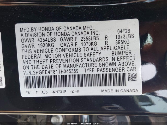 2HGFE4F81TH345359 Honda Civic Hybrid Sport/sport Touring