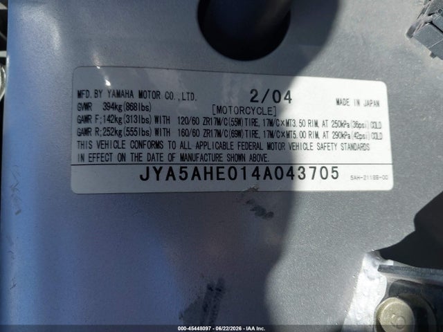 45448097 :رقم المزاد ، JYA5AHE014A043705 vin ، 2004 Yamaha Yzf600 R مزاد بيع