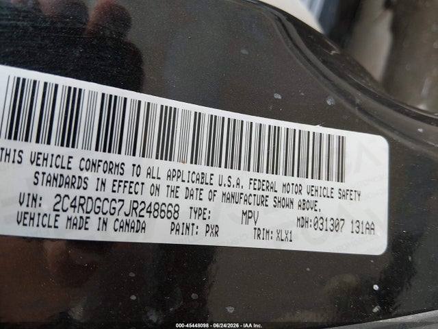 Aukcja sprzedaży 2018 Dodge Grand Caravan Sxt, vin: 2C4RDGCG7JR248668, numer aukcji: 45448098