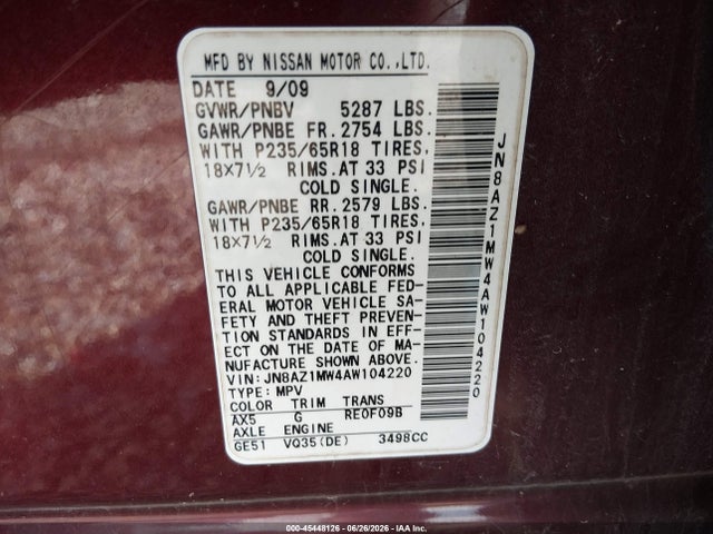 Aukcja sprzedaży 2010 Nissan Murano S, vin: JN8AZ1MW4AW104220, numer aukcji: 45448126