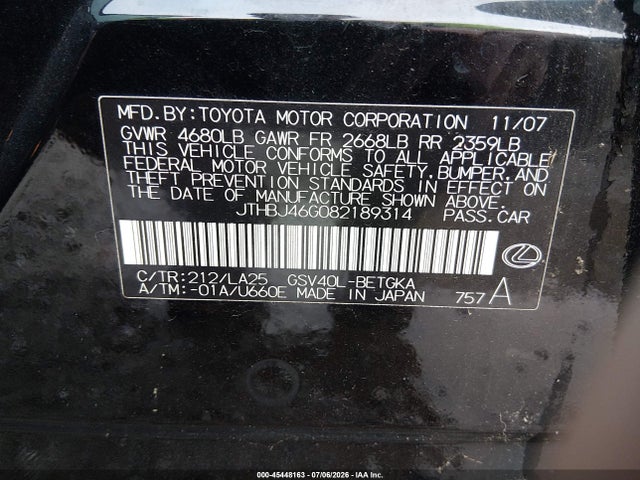 45448163 :رقم المزاد ، JTHBJ46G082189314 vin ، 2008 Lexus Es 350 مزاد بيع
