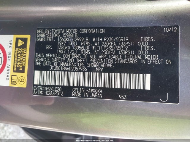 Aukcja sprzedaży 2013 Lexus Rx 450h, vin: JTJBC1BA6D2057936, numer aukcji: 45448175