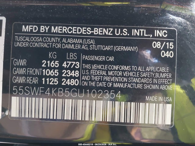 45448219 :رقم المزاد ، 55SWF4KB5GU102354 vin ، 2016 Mercedes-benz C 300 4matic مزاد بيع