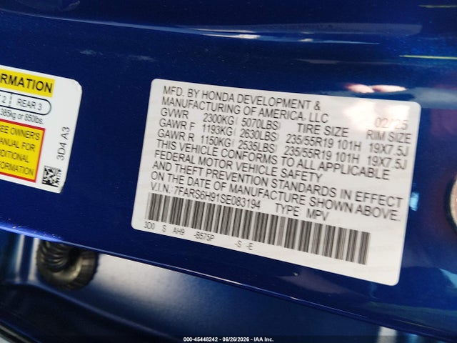 Aukcja sprzedaży 2025 Honda Cr-v Hybrid Sport Touring, vin: 7FARS6H91SE083194, numer aukcji: 45448242
