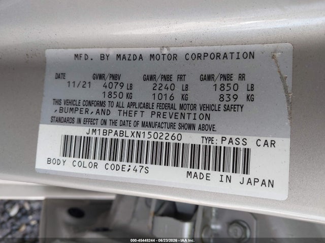 Aukcja sprzedaży 2022 Mazda Mazda3 Select, vin: JM1BPABLXN1502260, numer aukcji: 45448244