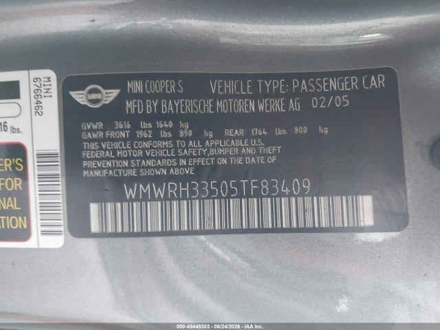 2005 Mini Cooper S მანქანა იყიდება აუქციონზე, vin: WMWRH33505TF83409, აუქციონის ნომერი: 45448303