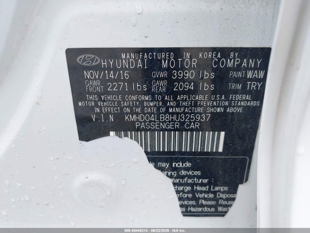 Aukcja sprzedaży 2017 Hyundai Elantra Sport, vin: KMHD04LB8HU325937, numer aukcji: 45448314