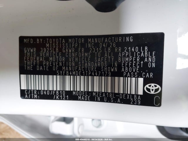 Aukcja sprzedaży 2026 Toyota Corolla Le, vin: 5YFB4MDE1TP447179, numer aukcji: 45448318
