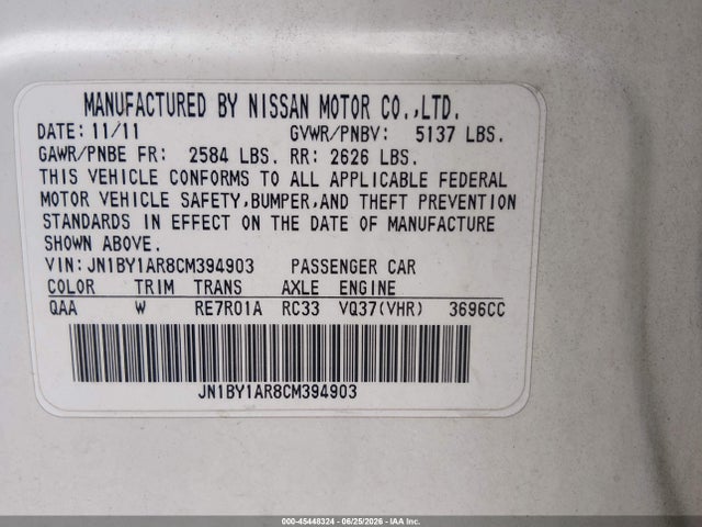 Aukcja sprzedaży 2012 Infiniti M37x, vin: JN1BY1AR8CM394903, numer aukcji: 45448324